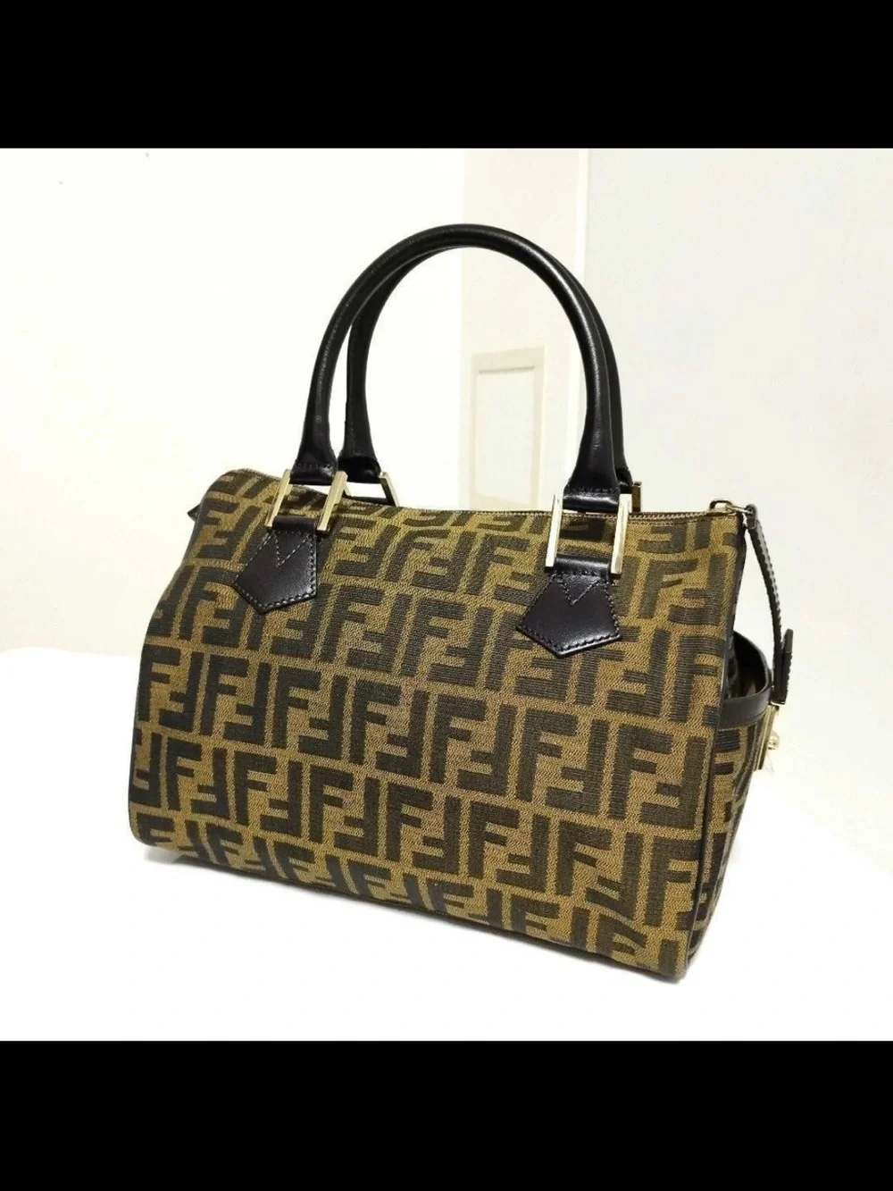 Fendi Brown FF Monogram Canvas Satchel with Black Leather Handles